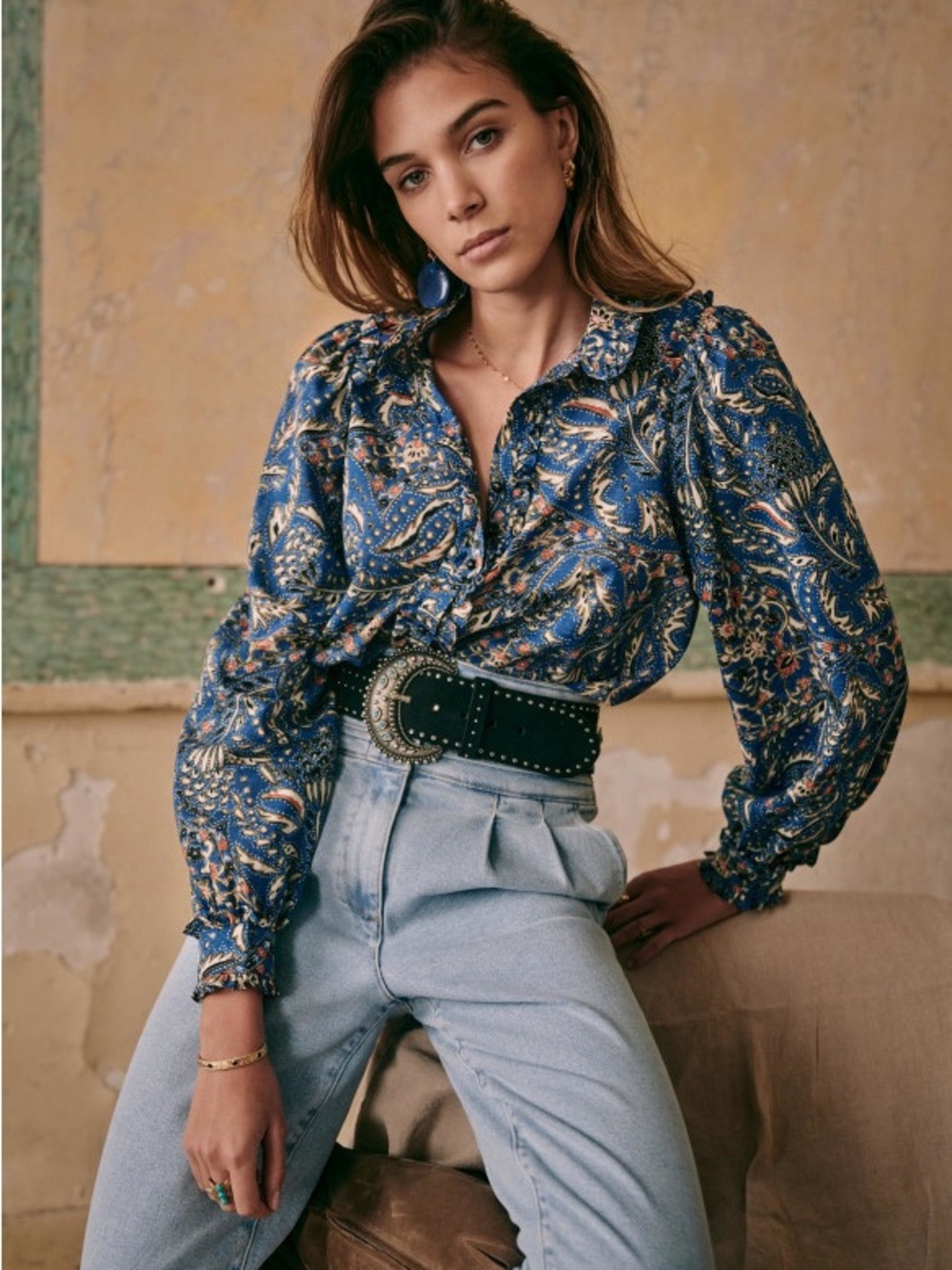 NEW Sezane Mackenzie Ranch Print Shirt Blue Size 6